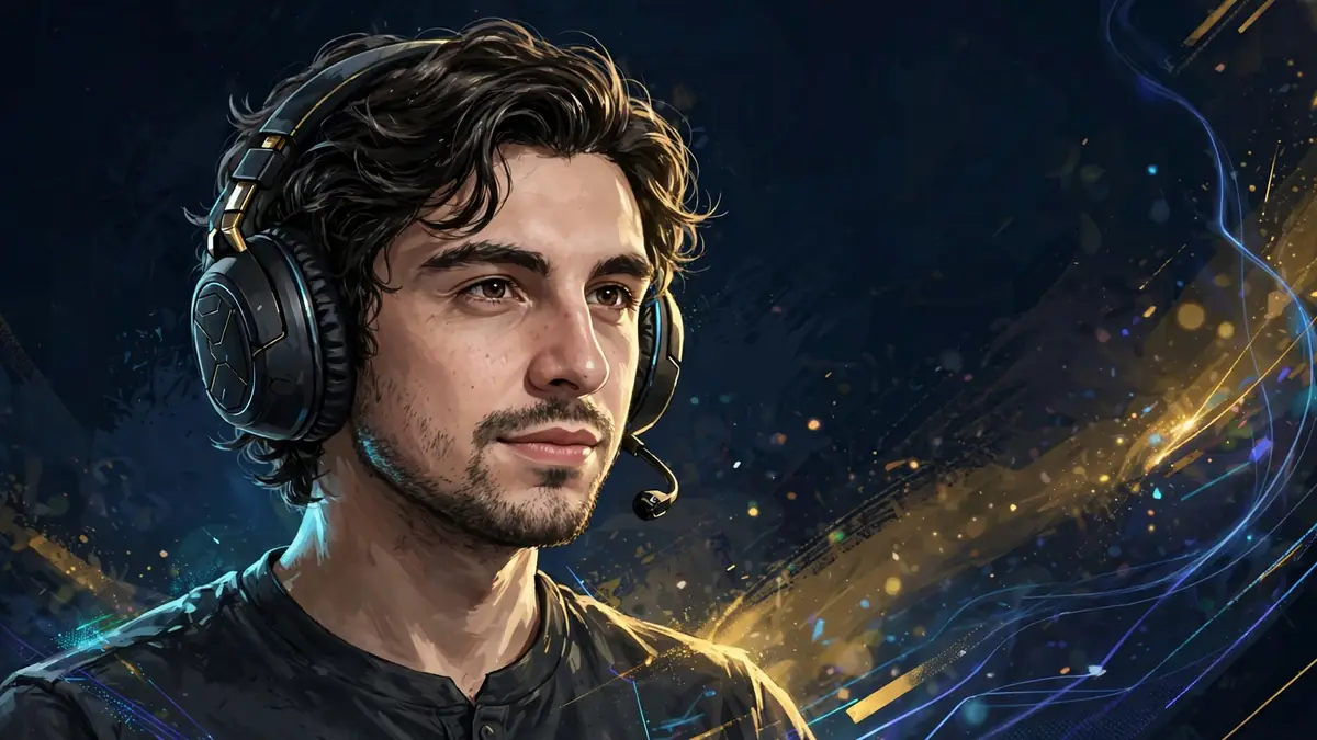 Stylized illustrated portrait of streamer Shroud wearing a gaming headset, navy and gold artwork
