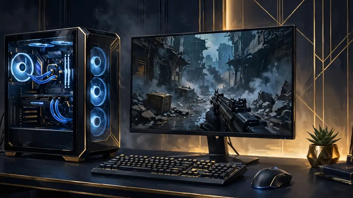 Illustration of a premium gaming setup with glowing PC, keyboard, mouse and monitor