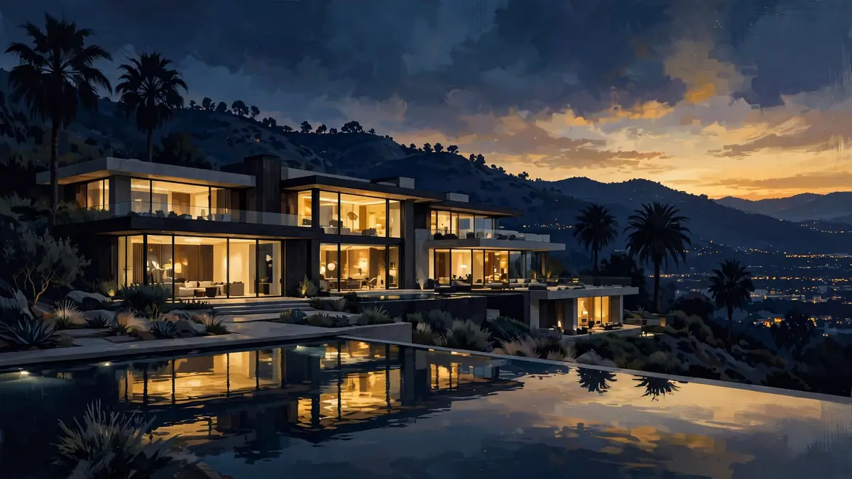 Illustration of a luxury modern mansion at dusk with glowing windows and infinity pool