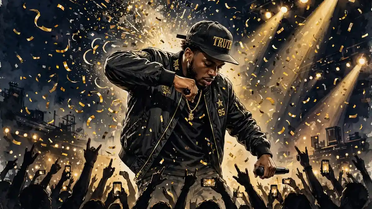 Editorial illustration of a young rapper performing a viral dance move on a concert stage before a cheering crowd