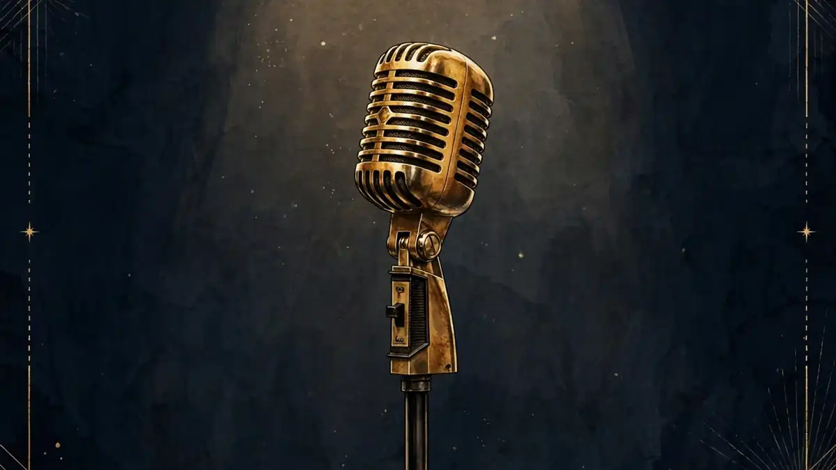 Editorial illustration of a lone golden microphone under a fading spotlight on an empty dark stage