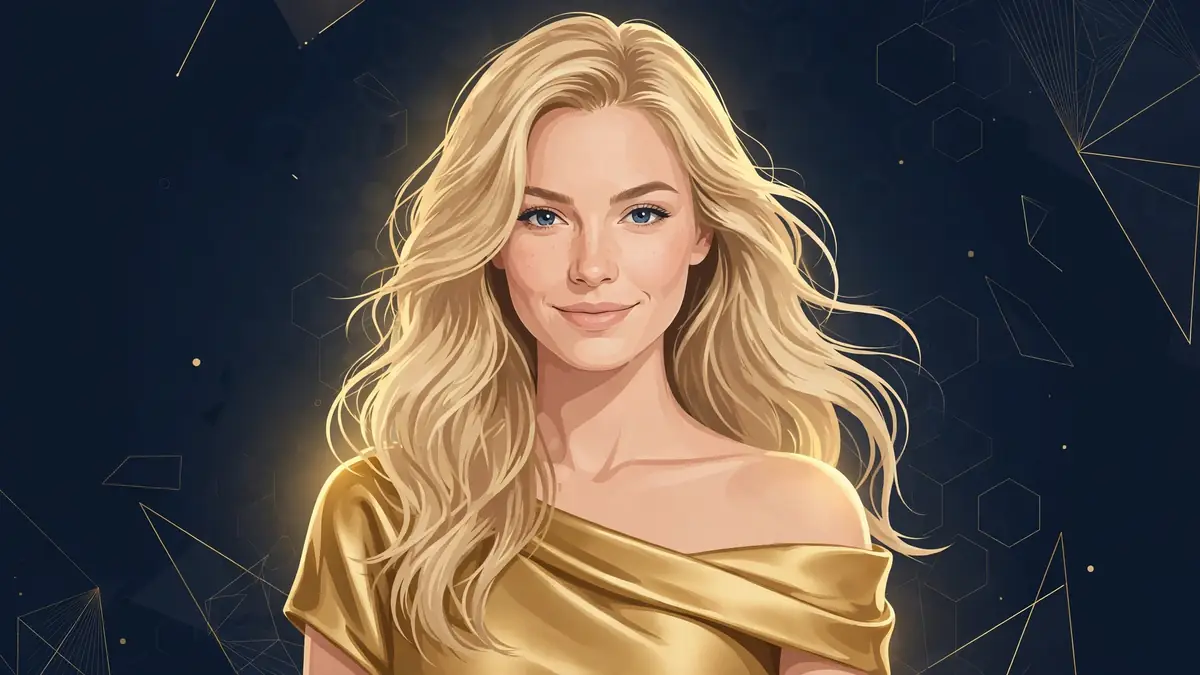 Stylized illustrated portrait of Sky Bri, a blonde content creator, in navy and gold editorial style