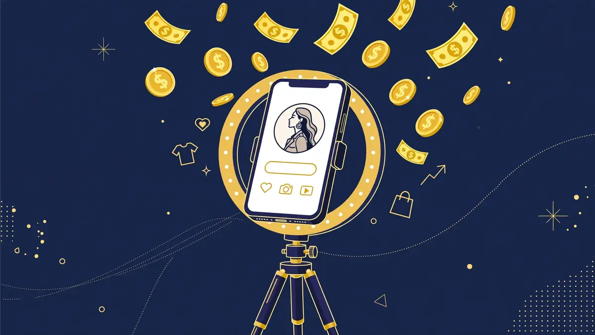 Illustration of the creator economy: a smartphone on a tripod with a ring light and gold coins rising against a navy background