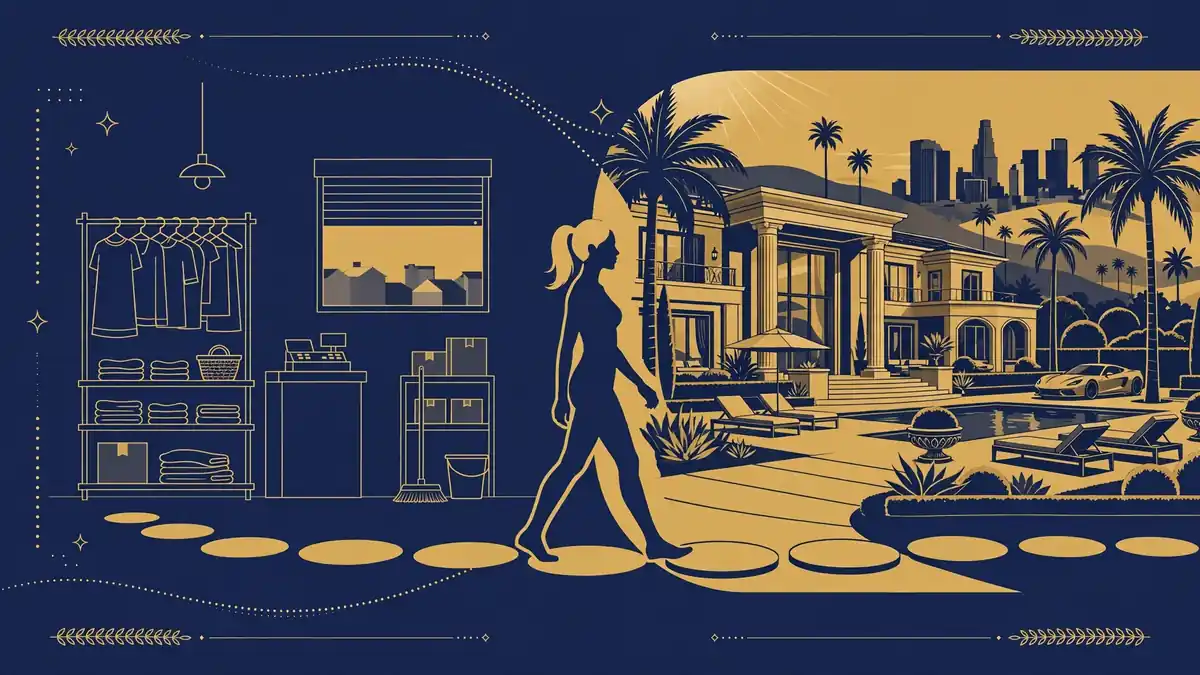 Illustration of a retail store on one side and a Los Angeles mansion on the other, showing Sky Bri's rags-to-riches journey