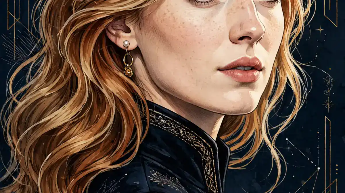 Stylized illustrated portrait of Sophie Turner in a navy and gold editorial style