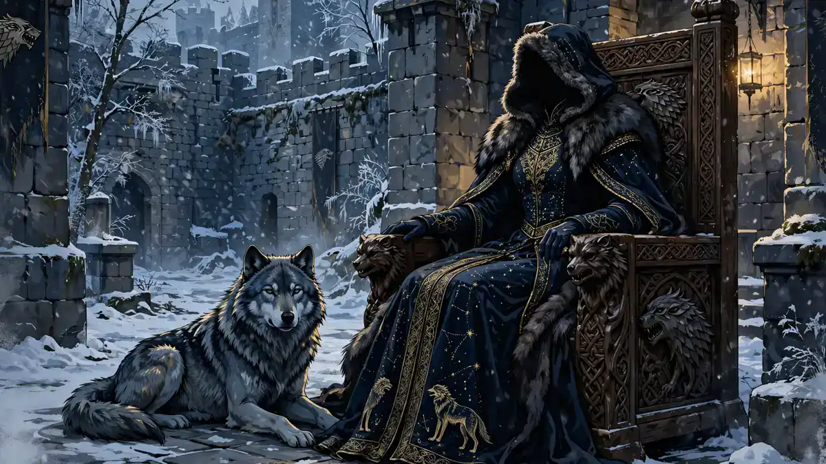 Stylized Winterfell-inspired illustration of a northern queen on a wooden throne with a direwolf, in navy and gold