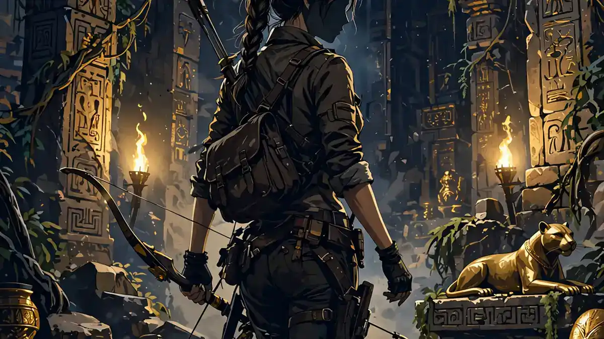 Stylized Lara Croft-inspired illustration of an archaeologist exploring a torch-lit ancient temple ruin, in navy and gold