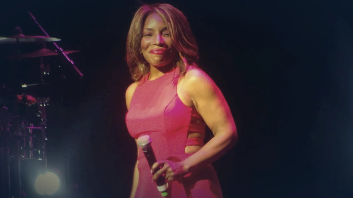 Stylized illustrated portrait of Grammy-winning R&B singer Stephanie Mills in a gold-sequined gown, holding a vintage microphone on stage