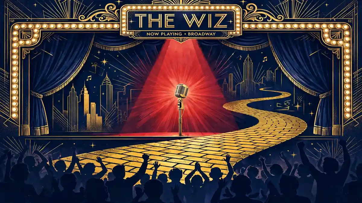 Illustration of a Broadway marquee for The Wiz with a golden spotlight on a vintage microphone and a yellow-brick road across the stage
