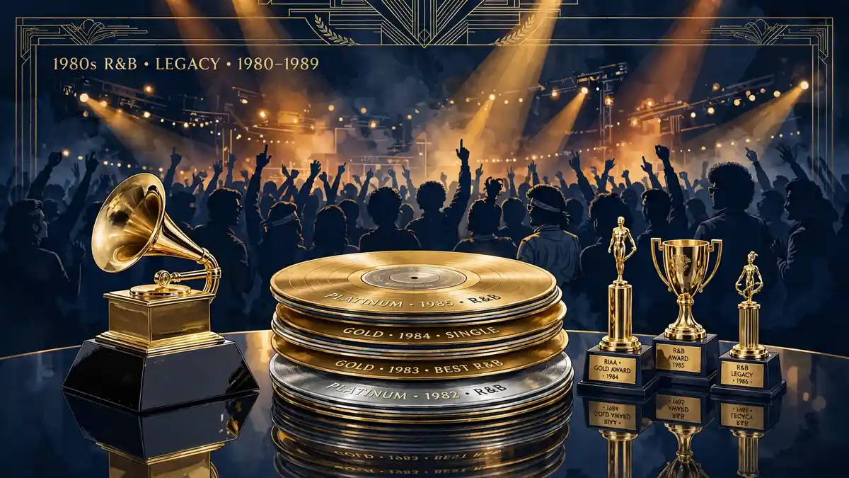 Illustration of gold and platinum records with a Grammy trophy and award statuettes in front of a cheering 1980s concert crowd