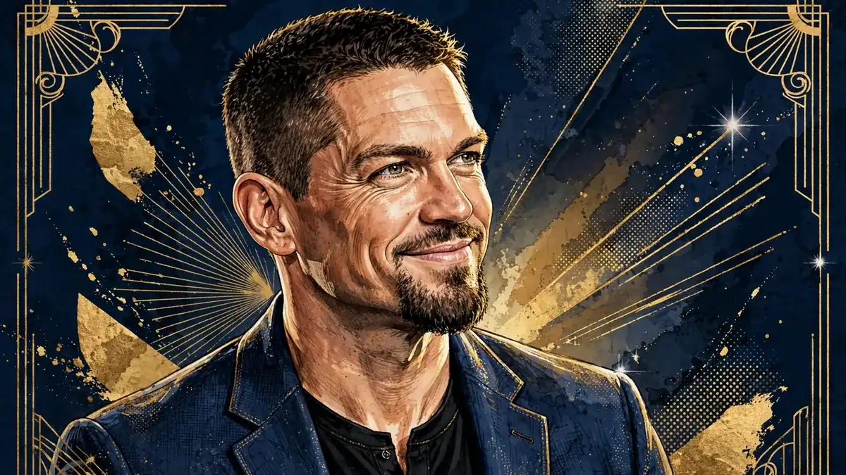 Illustrated portrait of actor Steve Howey in navy and gold editorial style