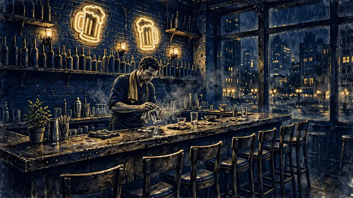 Illustration of a Chicago neighborhood bar at night in navy and gold tones