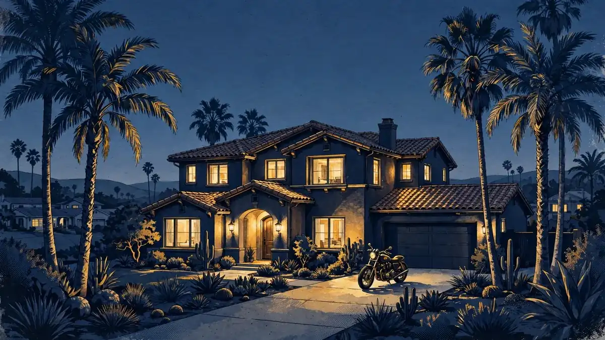 Illustration of a suburban California home at dusk with a motorcycle in the driveway