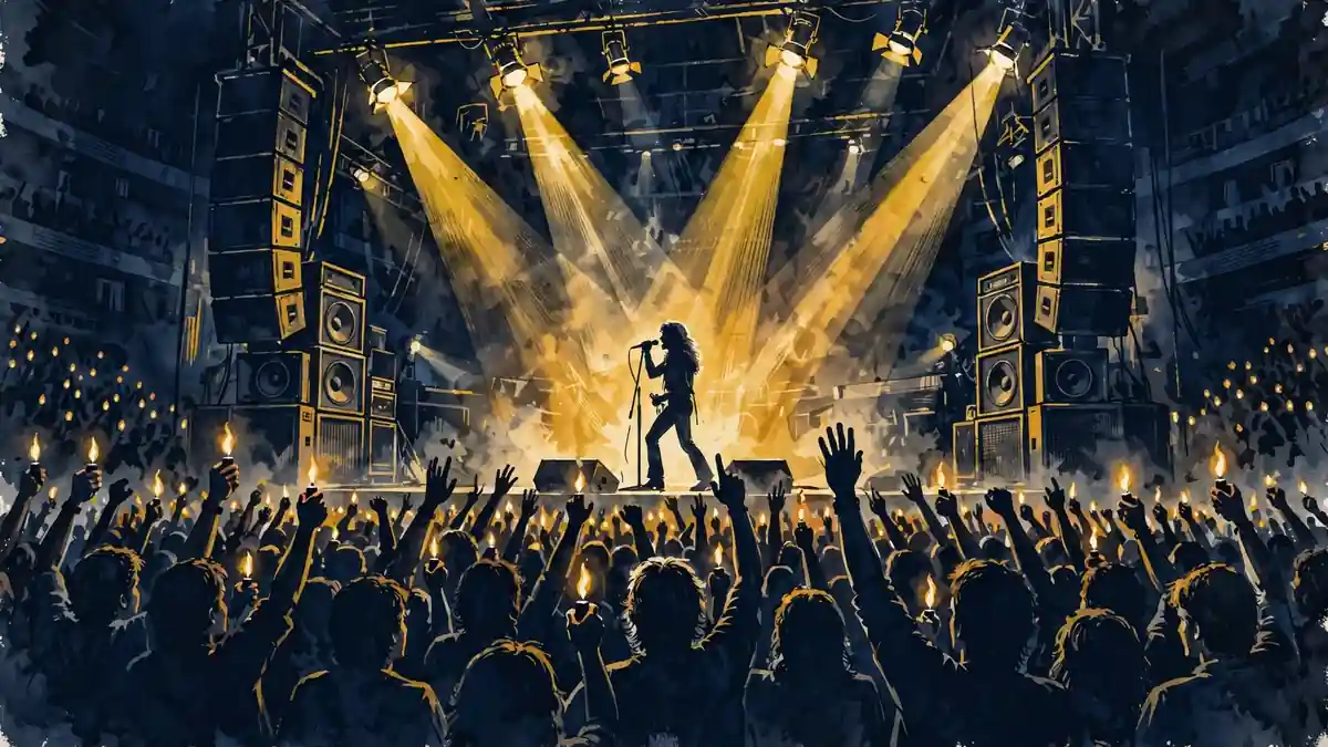 Illustrated 1980s arena rock concert scene representing Journey's peak touring years