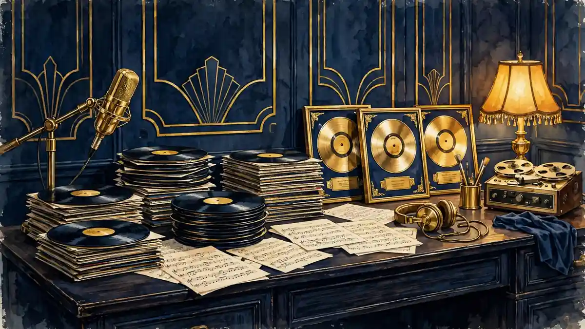 Illustrated recording studio scene with vinyl records and awards representing Steve Perry's songwriting royalties
