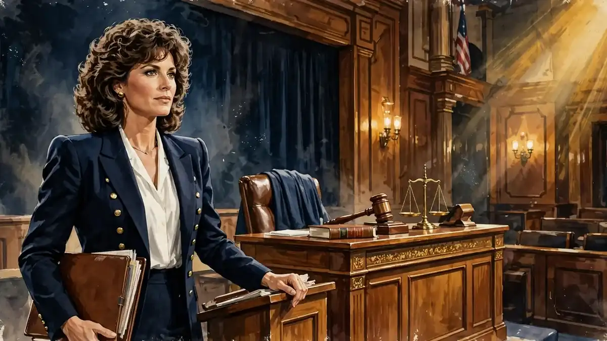 Stylized illustration of a 1980s television courtroom drama scene evoking Susan Dey's L.A. Law years