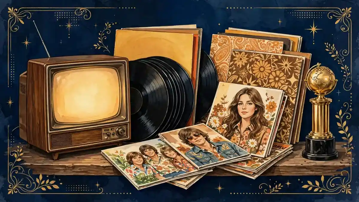 Stylized illustration of 1970s television memorabilia, vinyl records and a Golden Globe-style trophy honoring Susan Dey's career