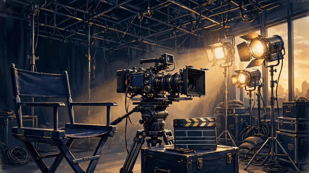 Stylized illustration of a Hollywood film set with a director's chair and camera lights in navy and gold