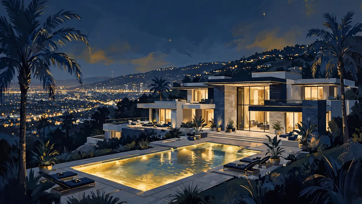Stylized illustration of a luxury Bel-Air mansion at dusk with a swimming pool in navy and gold
