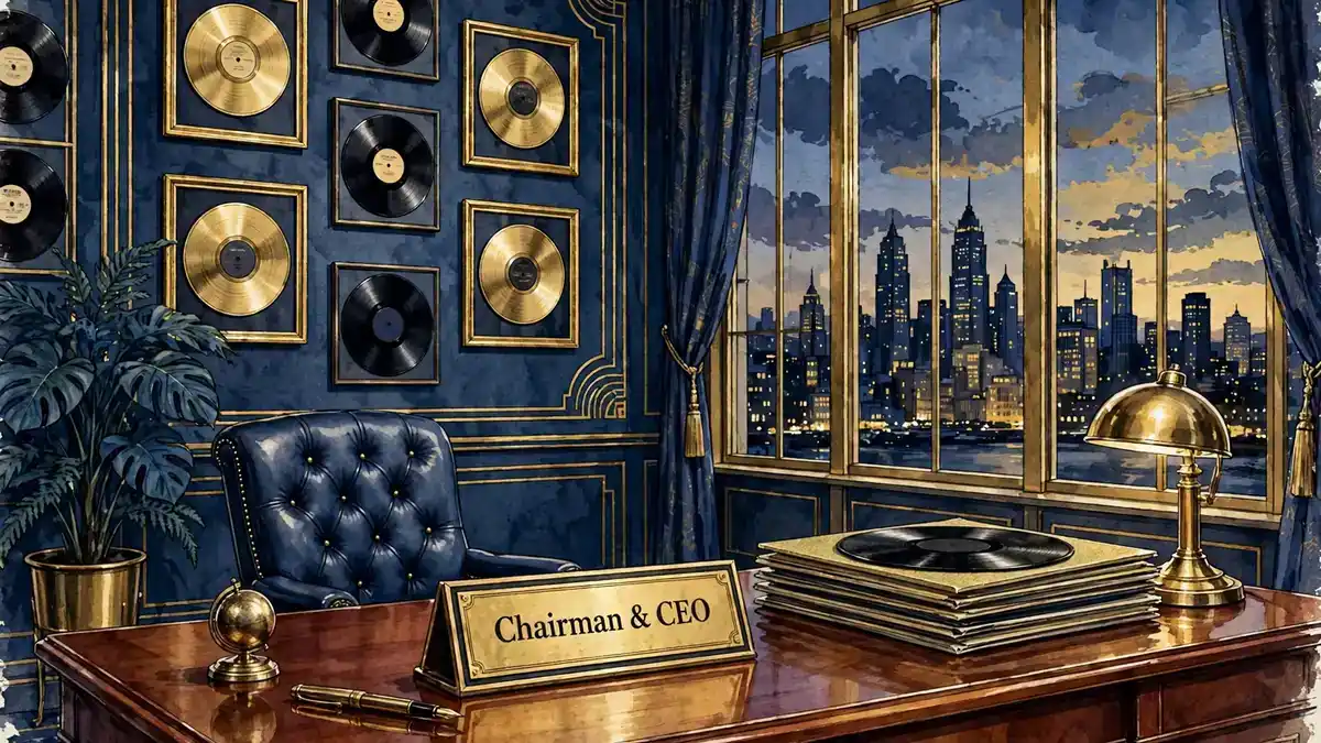 Illustrated record label executive office with a Chairman and CEO plaque, gold records, and a city skyline