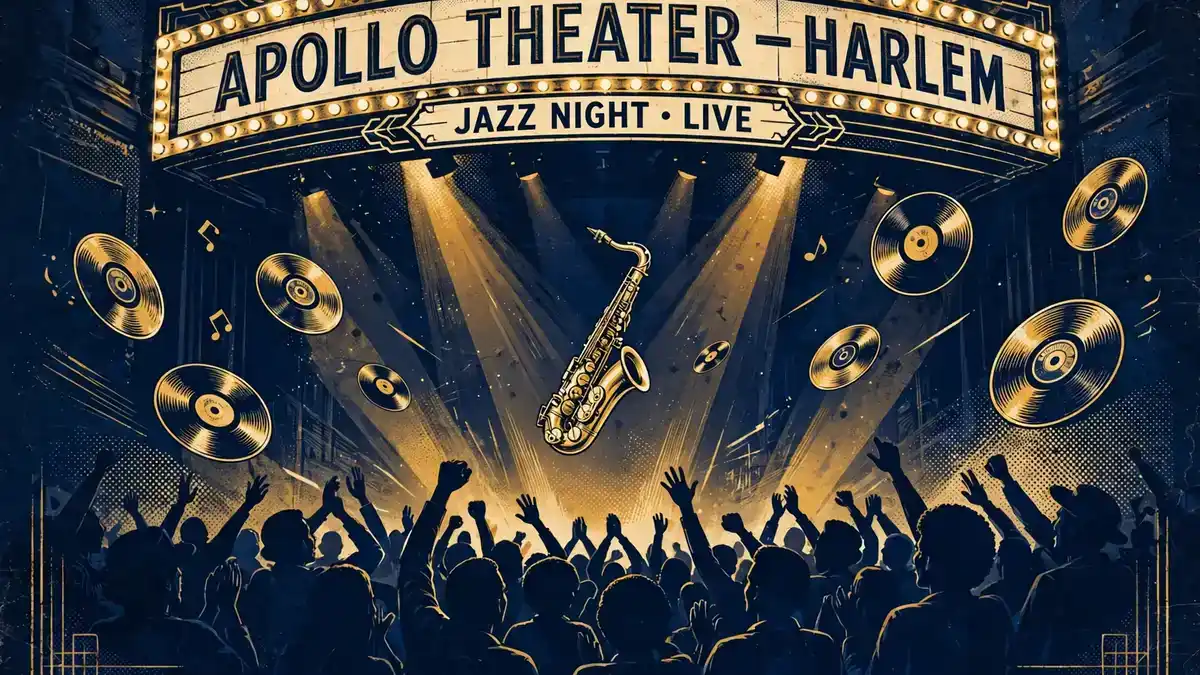 Vintage illustration of a 1970s Harlem jazz club and concert stage with warm golden lights
