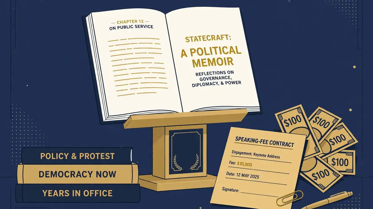 Editorial illustration of a political memoir, speaking contract, and royalty payments