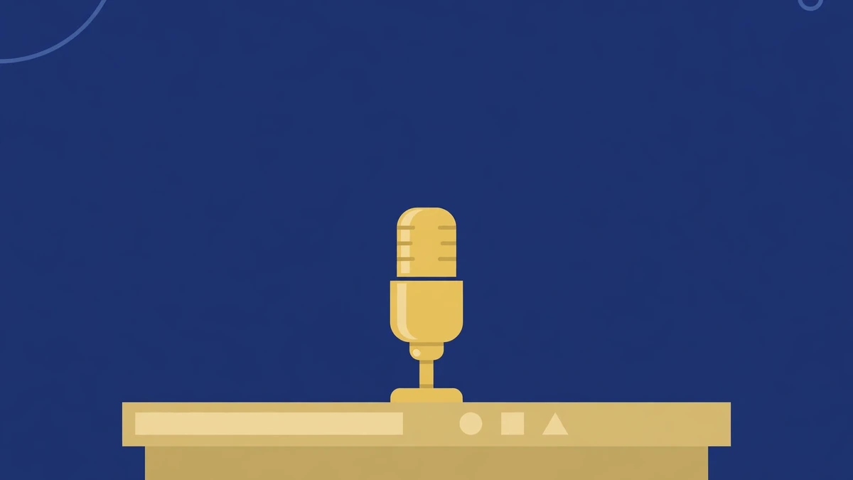 Editorial illustration of a gold microphone on a primetime news desk