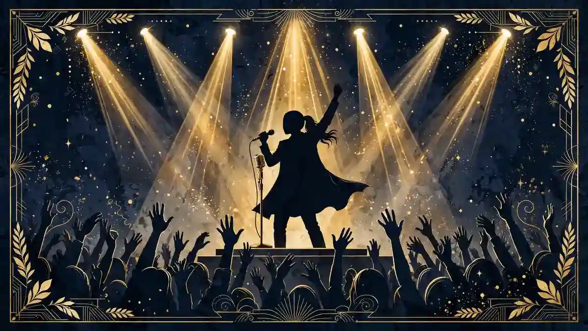 Illustrated editorial image of an R&B concert stage with golden microphone and spotlights in navy and gold tones