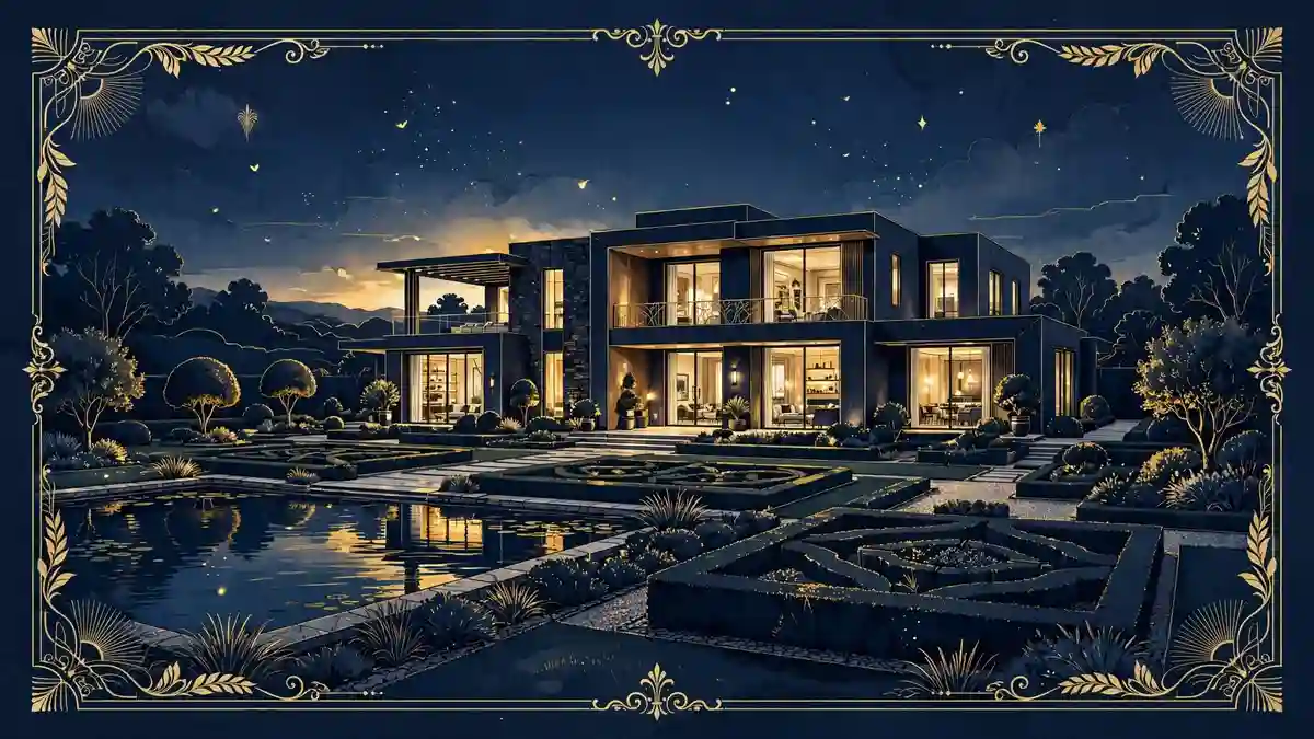 Illustrated editorial image of a luxury mansion at dusk in navy and gold tones