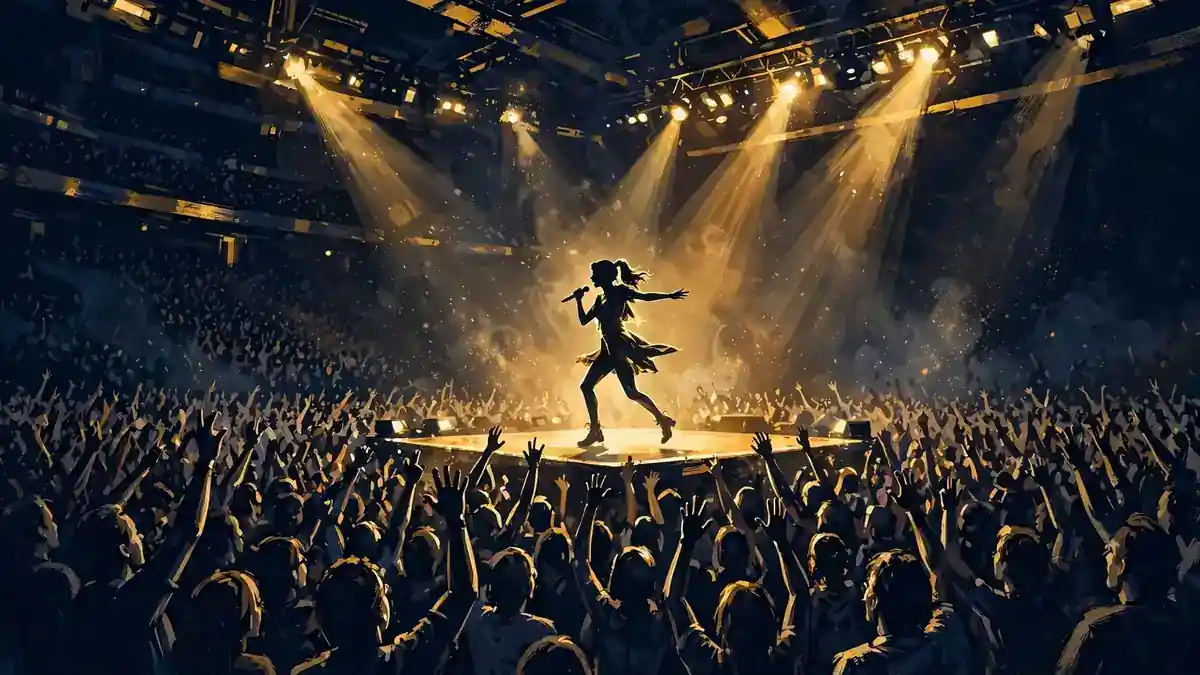 Illustration of Tate McRae's sold-out arena concert with dancers and gold stage lighting