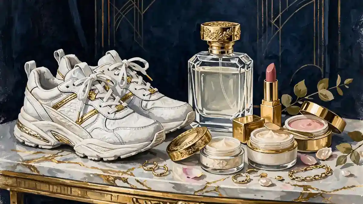 Illustration of pop-star brand merchandise including perfume, sneakers and beauty products