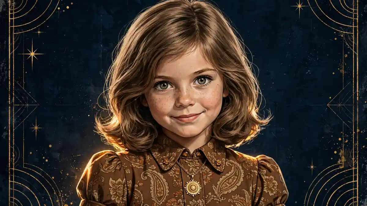 Illustrated portrait of young Tatum O'Neal in a 1970s dress with a gold pendant, on a dark navy background