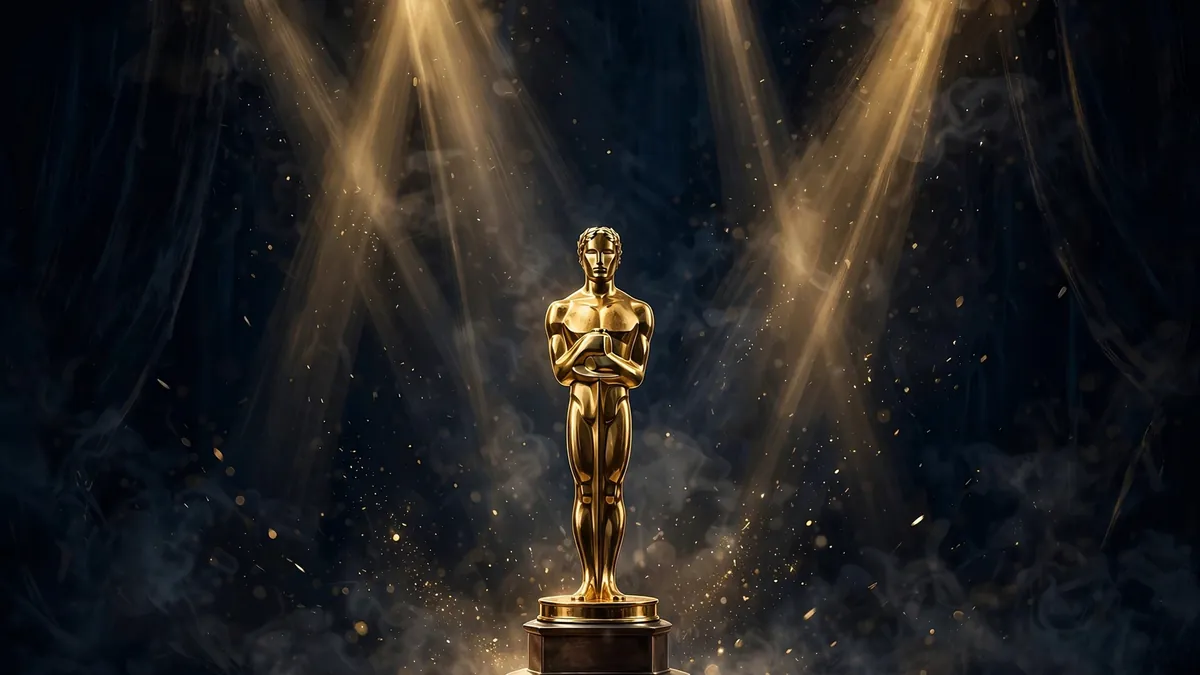 Illustrated golden film award statuette on a dark navy stage under gold spotlights