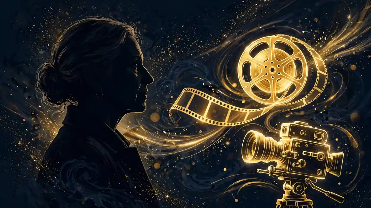 Illustrated silhouette of a mature woman gazing at a glowing golden film reel and vintage cinema camera