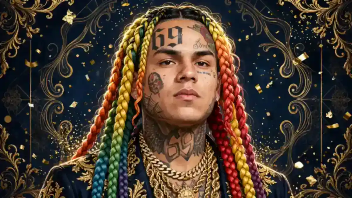 Stylized navy and gold illustration portrait of Tekashi 6ix9ine with rainbow braided hair, face tattoos and gold chains
