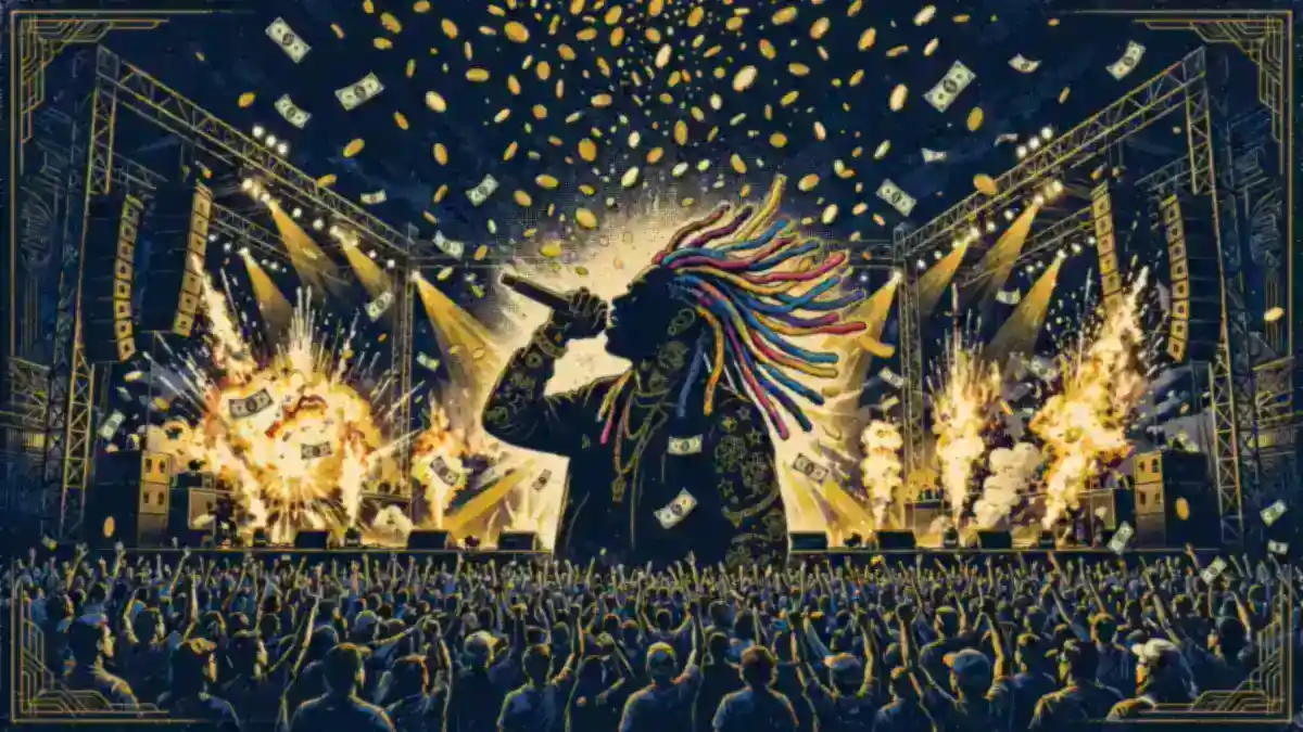 Illustration of a concert stage with pyrotechnics and gold coins raining down, representing Tekashi 69's touring income