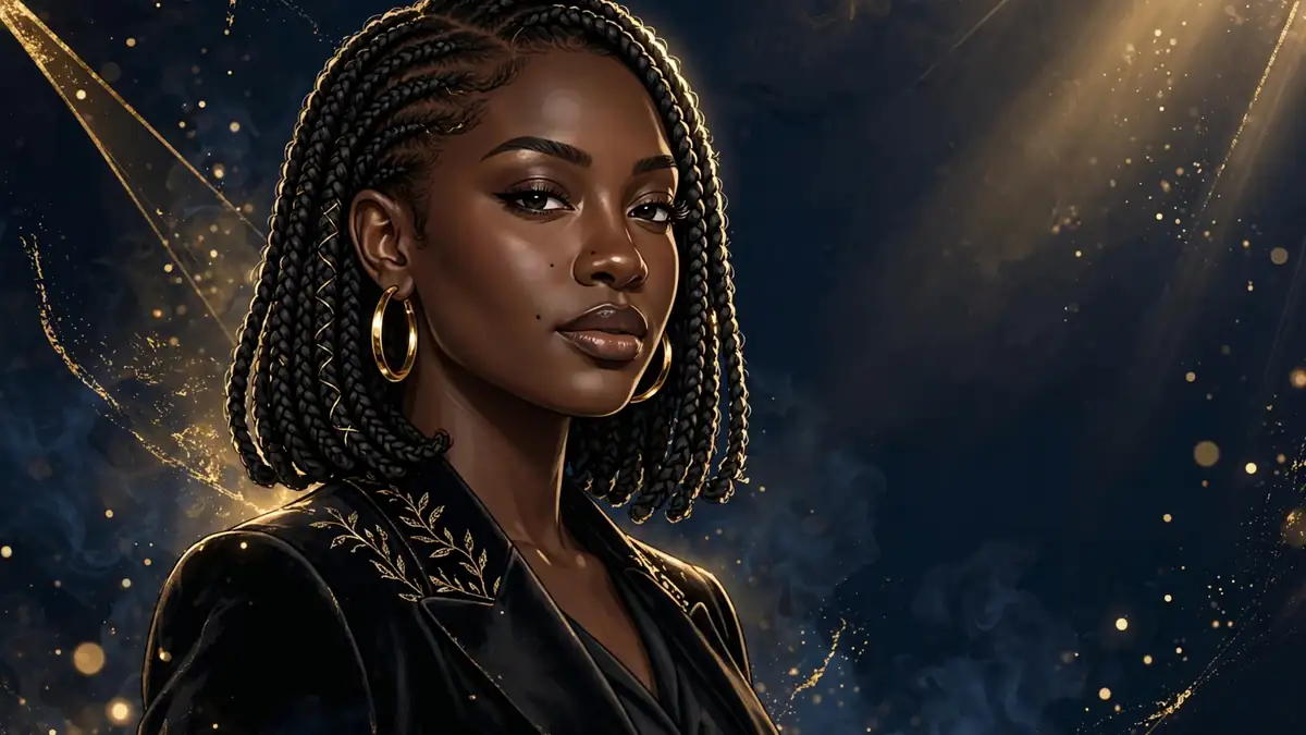 Stylized illustrated portrait of Nigerian singer Tems in navy and gold editorial style
