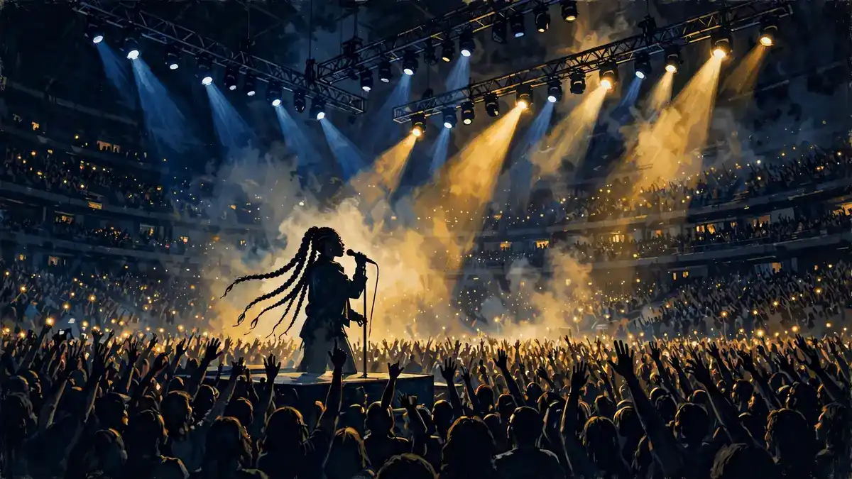 Illustration of a female singer performing to a sold-out arena crowd under navy and gold stage lights