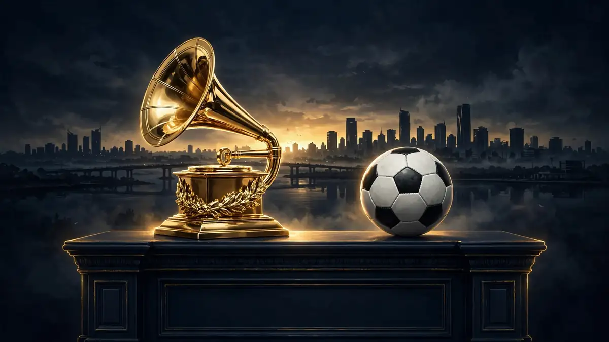 Illustration of a golden Grammy trophy beside a soccer ball on a navy pedestal with Lagos skyline