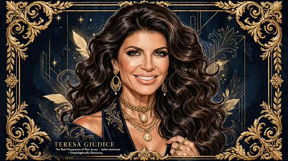 Illustrated portrait of Teresa Giudice in navy and gold editorial style