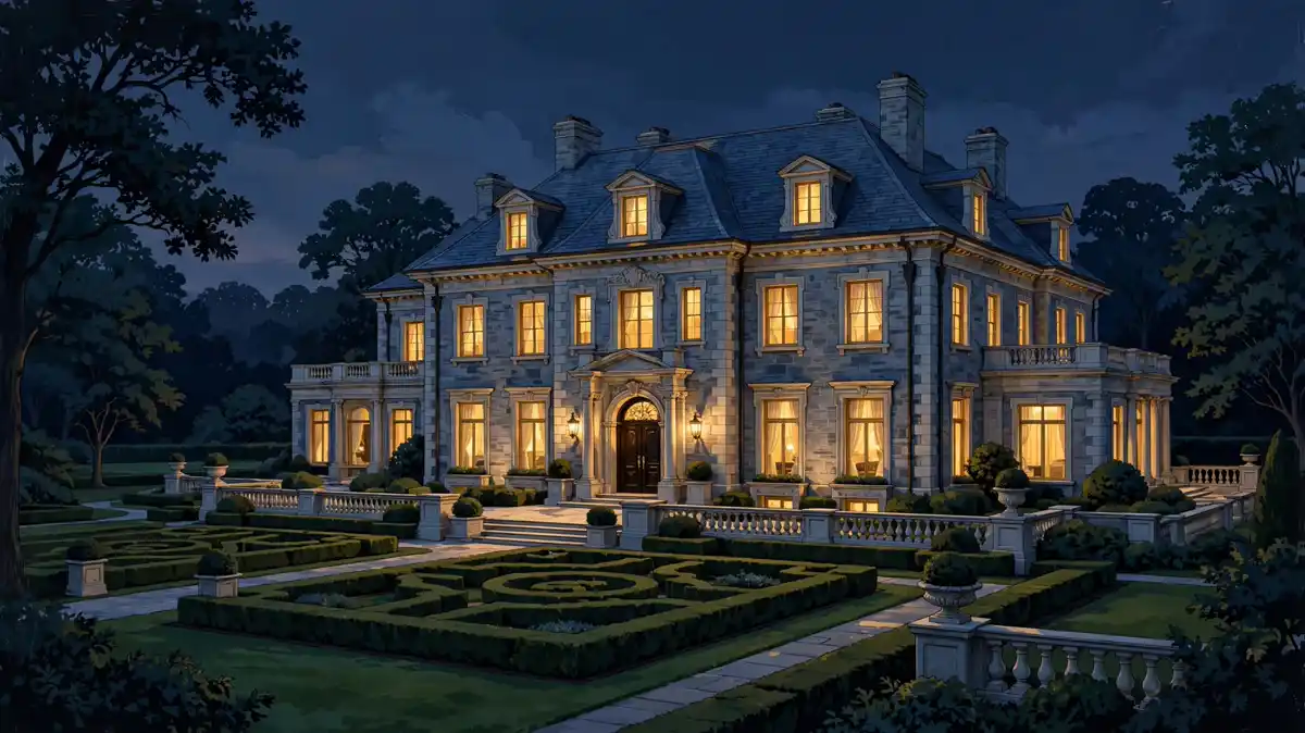Illustrated New Jersey mansion at dusk representing Teresa Giudice's real estate history