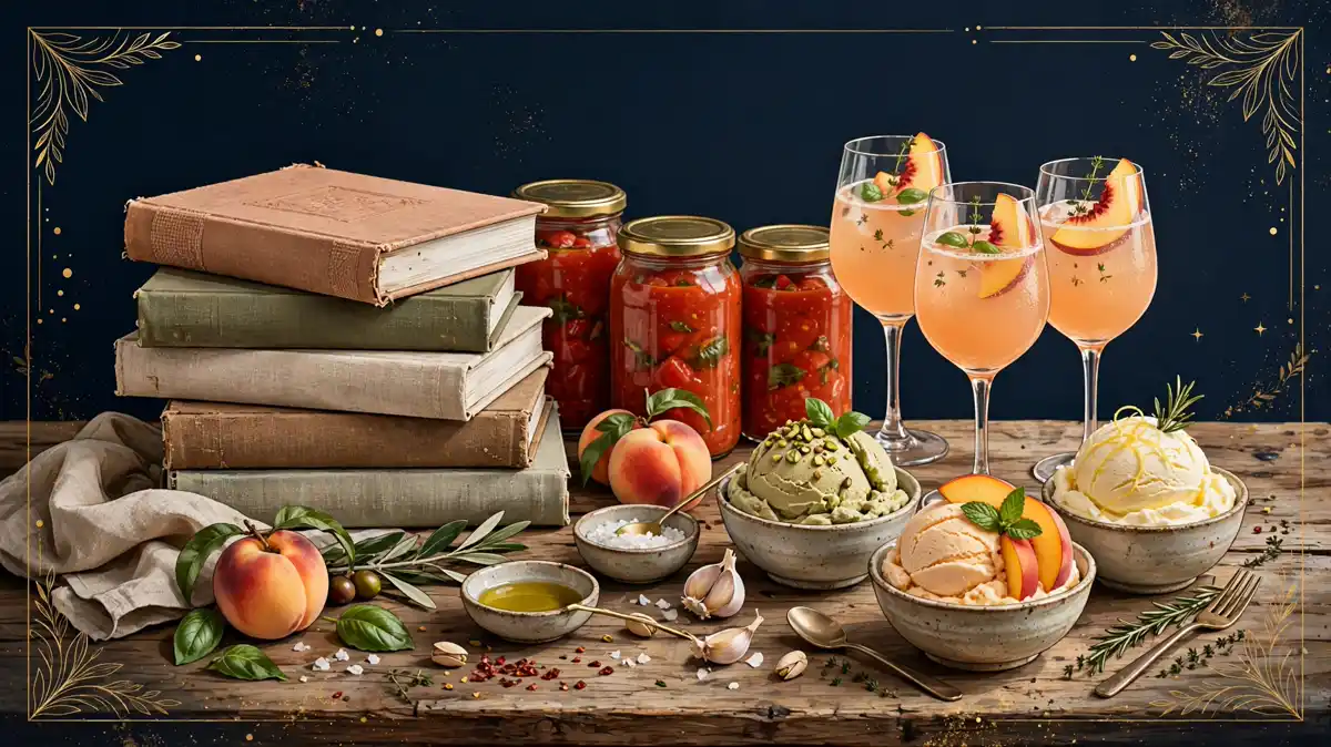 Illustrated Italian cookbooks, bellini wine glasses and gelato bowls
