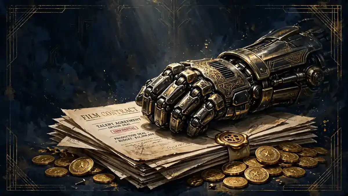 Stylized illustration of an armored gauntlet resting on film contracts and gold coins, symbolizing Howard's Marvel pay dispute