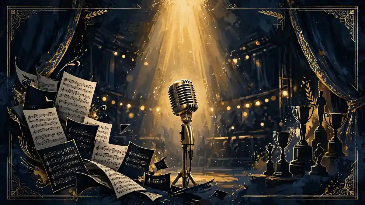 Stylized illustration of a vintage studio microphone under a golden spotlight, symbolizing Howard's Empire-era music income