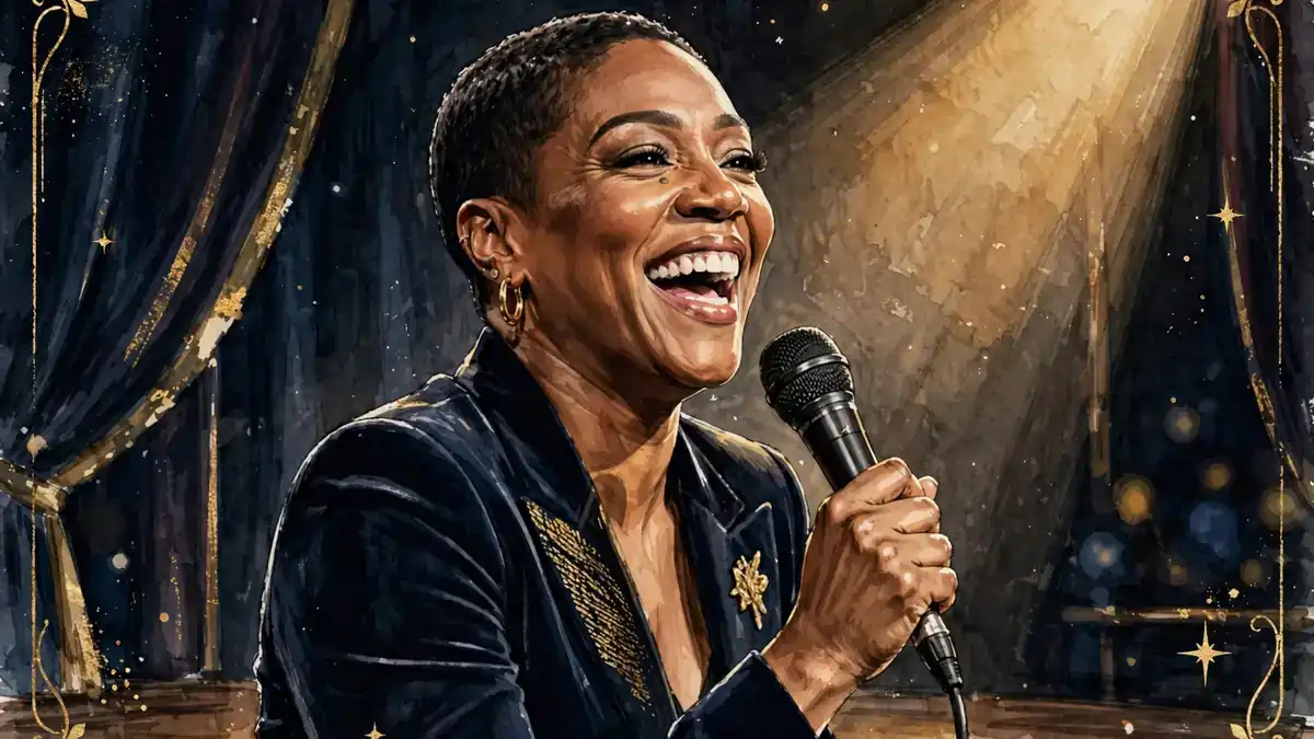 Editorial illustration of comedian Tiffany Haddish laughing on stage with a microphone in navy and gold