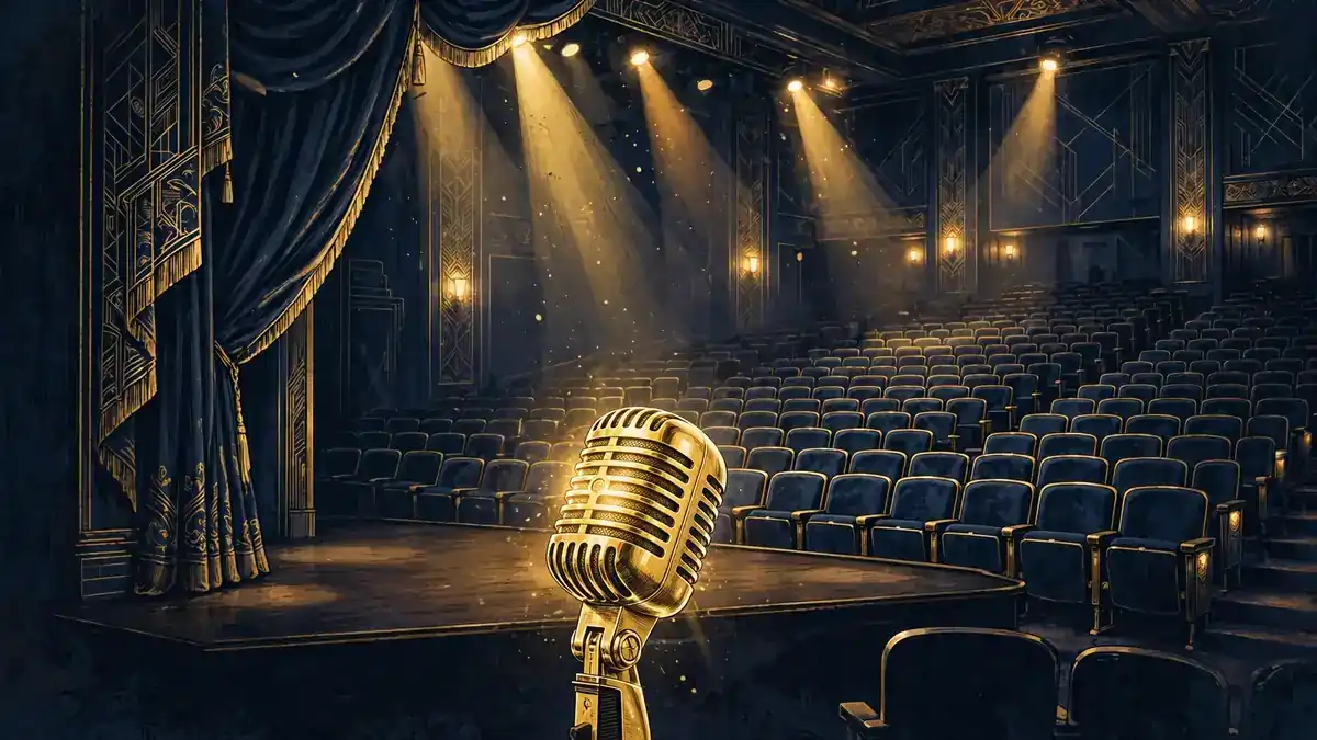 Illustration of a comedy stage with a gold microphone under spotlights in navy and gold tones