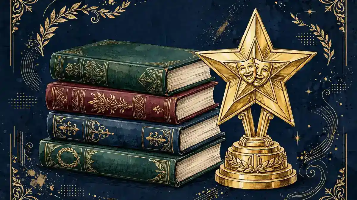 Illustration of a stack of books beside a gold trophy on a navy background