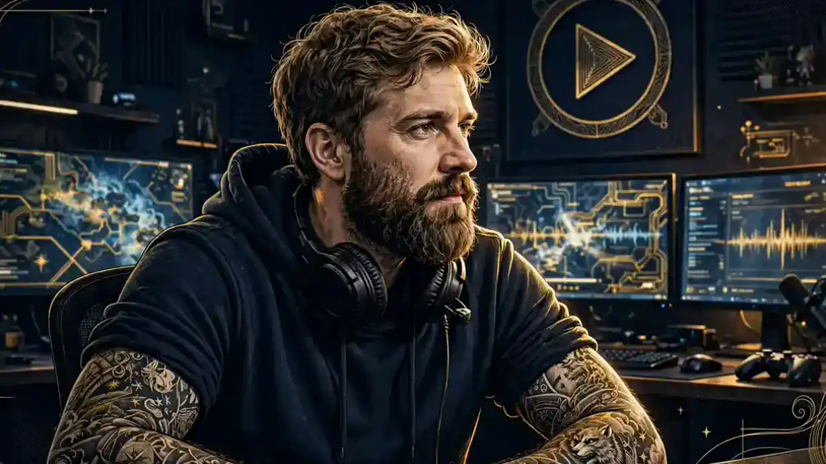 Stylized editorial illustration of TimTheTatman, a bearded streamer with tattoo sleeves, wearing a gaming headset in his streaming room