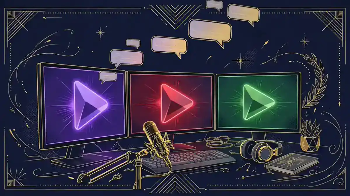 Illustration of a triple-monitor streaming desk with broadcast microphone, representing TimTheTatman's multistream setup across platforms