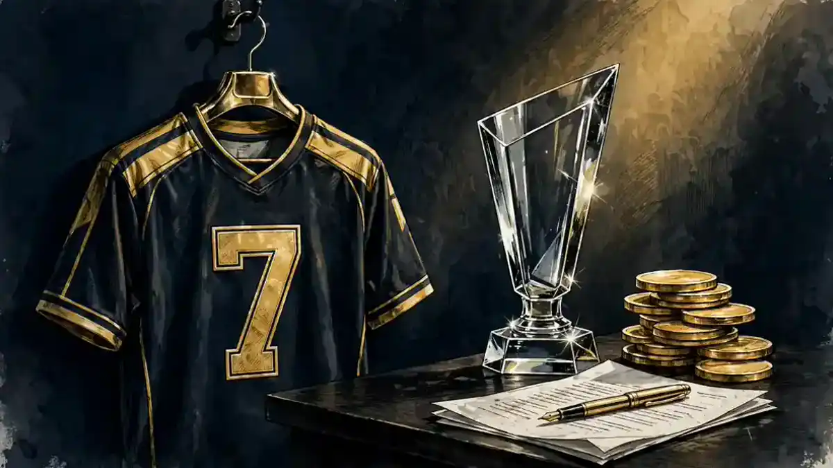 Illustration of an esports jersey with number 7, a trophy, gold coins and a contract, representing TimTheTatman's Complexity ownership and streaming deals